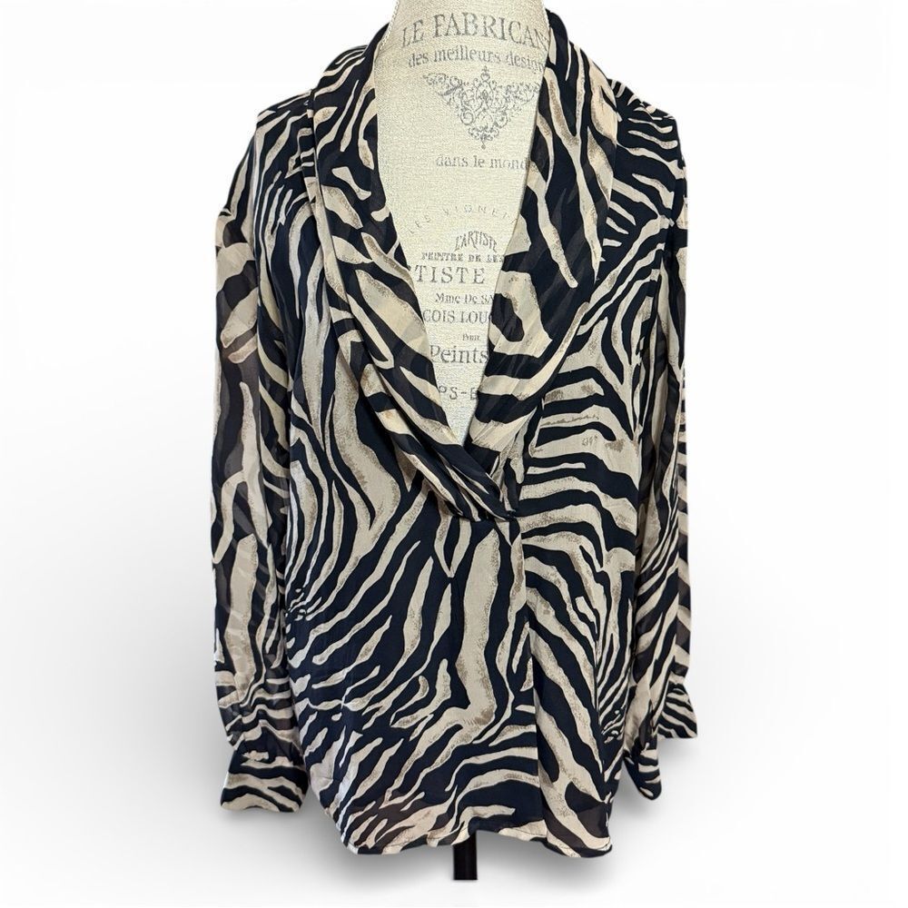 Saks Fifth Avenue Zebra Print Silk Blouse Cardigan Black Cream Size 10